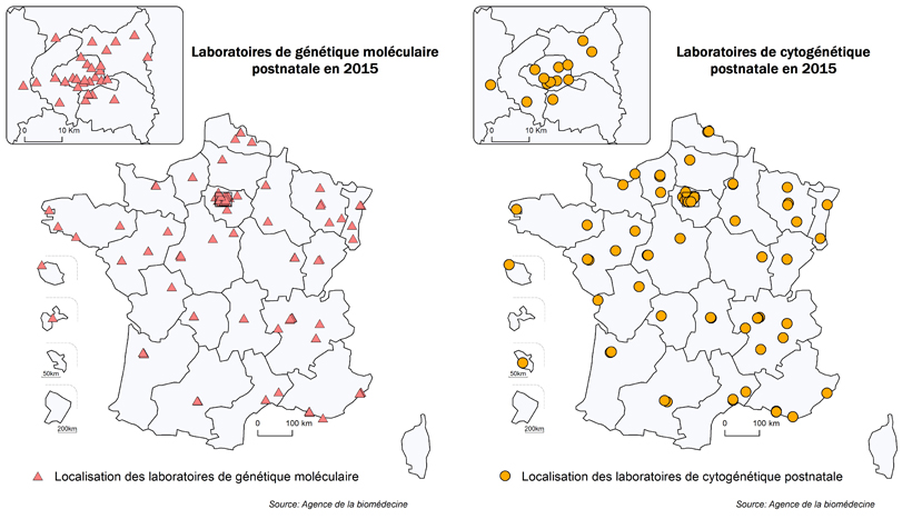 Figure POSTNATAL1. Répartition géographique des laboratoires de cytogénétique et de génétique moléculaire postnatale ayant déclaré une activité en 2015