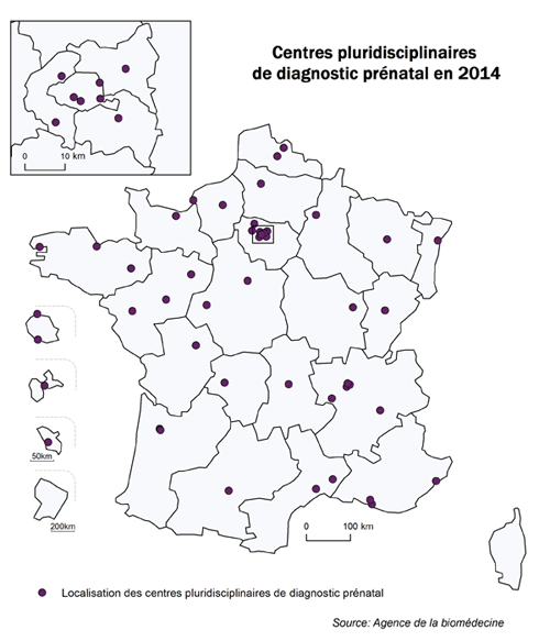 Figure CPDPN1. Répartition sur le territoire des centres pluridisciplinaires de diagnostic prénatal en 2014