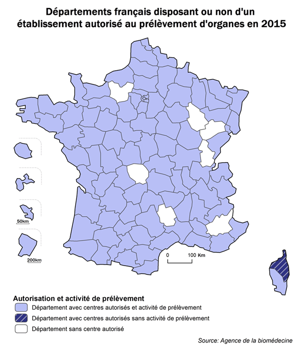 Figure P2. Carte de l'activité de prélèvement des départements français selon la présence d'un établissement autorisé à l'activité de prélèvement d'organe en 2015