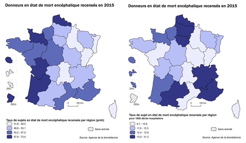 Figure P7. Taux de sujets en état de mort encéphalique recensés par million d'habitants et pour 1000 décès hospitaliers (données ATIH 2014) par région en 2015