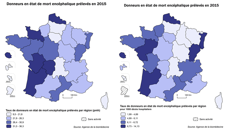 Figure P8. Taux de donneurs en état de mort encéphalique prélevés par million d'habitants et pour 1000 décès hospitaliers (données ATIH 2014) par région en 2015